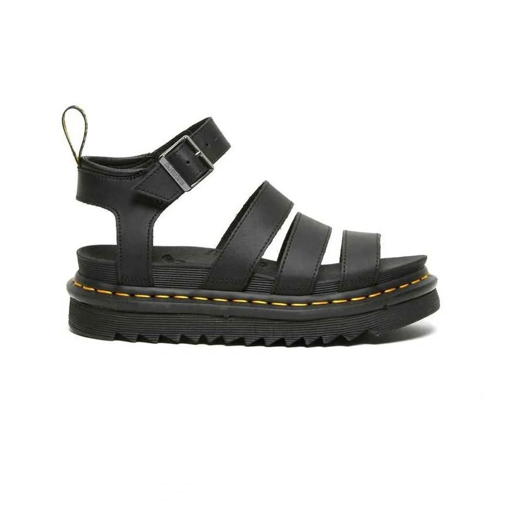 Dr. Martens Black Leather Gladiator Sandals with Yellow Stitching
